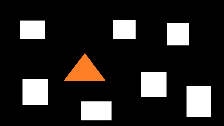 triangolo arancio su sfondo nero con 6 quadrati bianchi per dimostrare il contrasto in Gestalt

