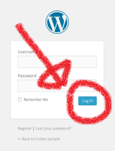 form di login di word press con evidenziato con cerchio rosso e freccia la microcopy "Log In"